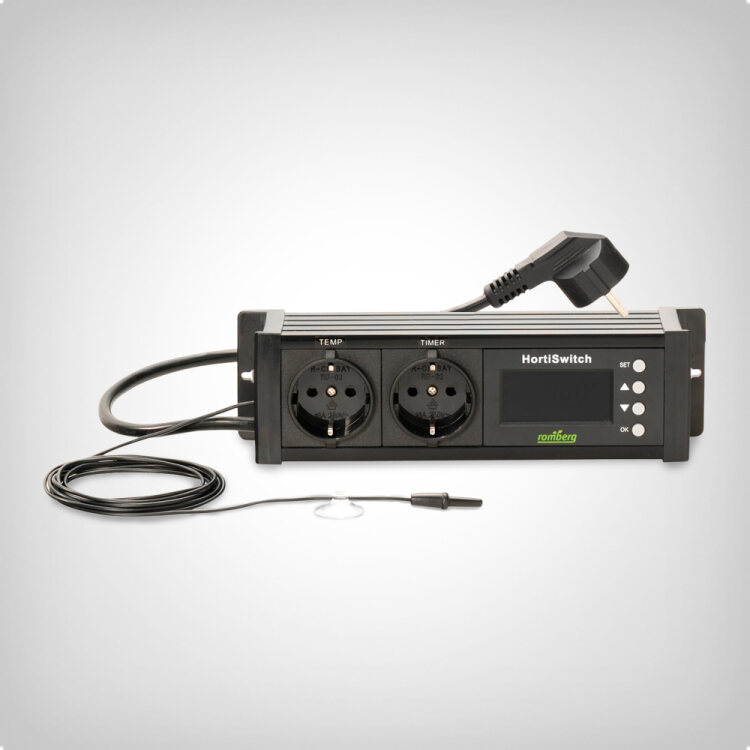 Romberg HortiSwitch Thermostat mit Timer und Temperatur Sensor | Heiz-/Kühlmodus, LCD-Display, 10A Relais für präzise Steuerung