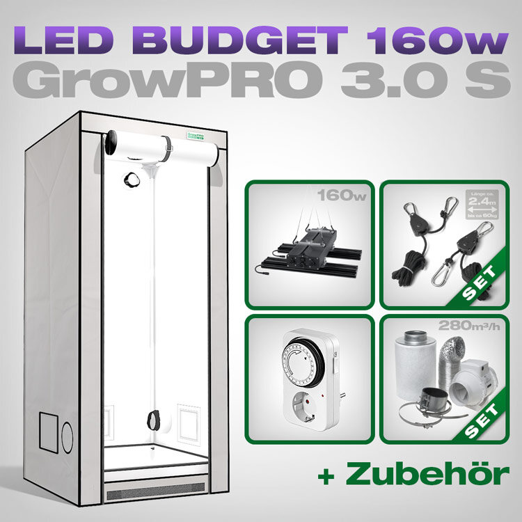 Low Budget Grow Set LED GrowPRO S 160W | Kompaktes 80x80x180 Zelt mit Abluftset für optimales Indoor Growing