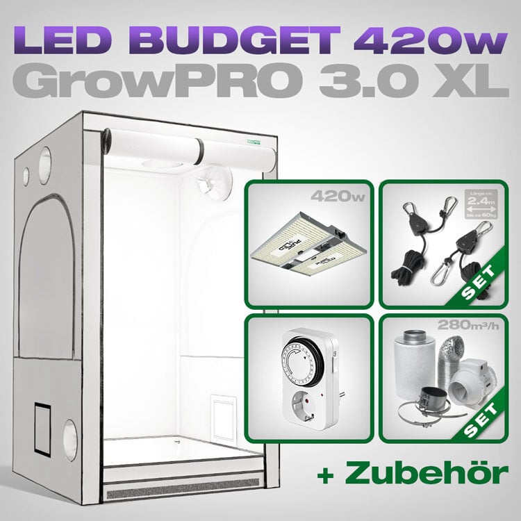 GrowPRO 3.0 XL LED Grow Set 420W für 1,44 qm | Inklusive Abluftset und Zubehör für optimales Pflanzenwachstum