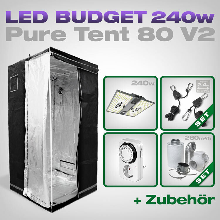 Pure Tent 80x80 LED Grow Set mit 240W Q240 V2 | Komplettset für Indoor-Growing