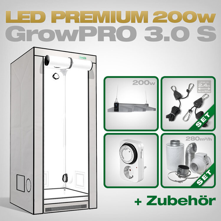 GrowPRO 3.0 S LED Grow Set 80x80x180cm Komplettset mit Sanlight EVO 3-80 200W